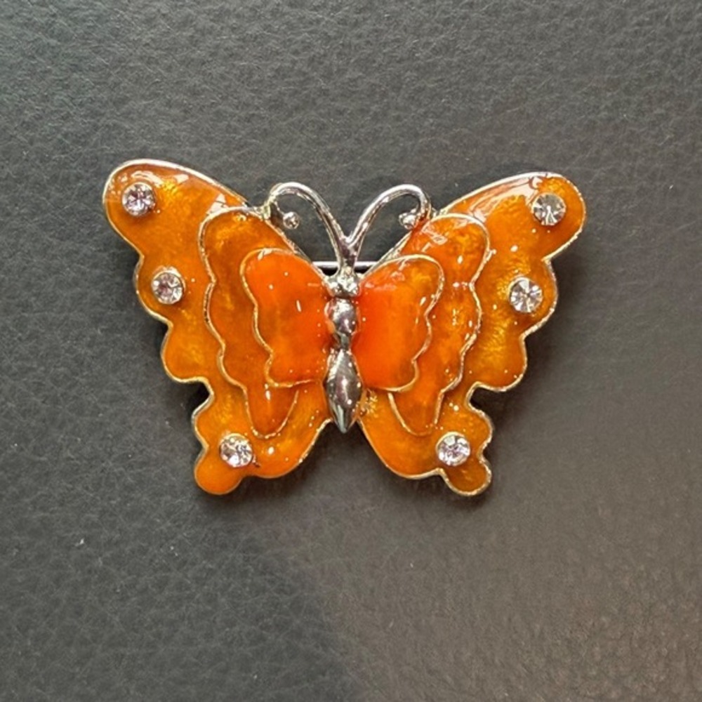 Vtg Butterfly Brooch Orange Enamel Silver Tone Pin Rhinestone